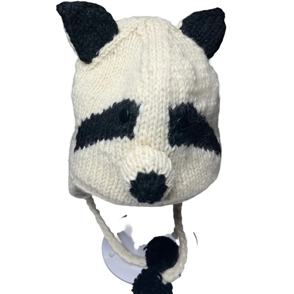 Raccoon‎ Nepal Wool Earflap Beanie Hat Hand Knit Cream Black Whimsical OS